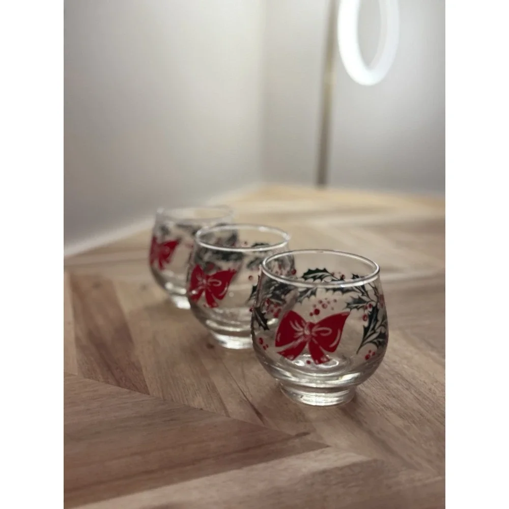 3 VTG MCM  Libby Rolly Polly‎ Low Ball Cocktail Glass Bow Holly Berry XMAS Party